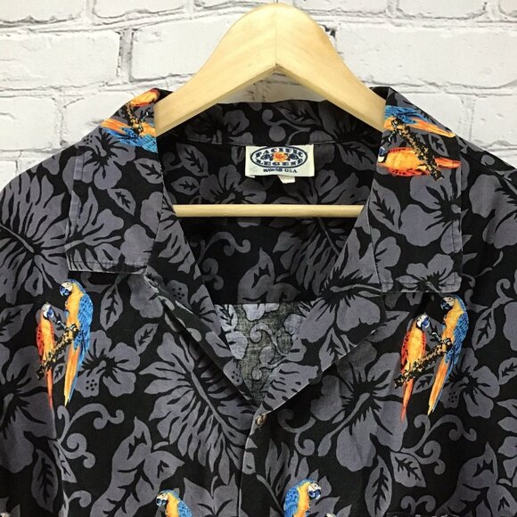 Pacific Legend Hawaiian Shirt Black Gray Parrots Jungle Foliage Button Down - Picture 5 of 7